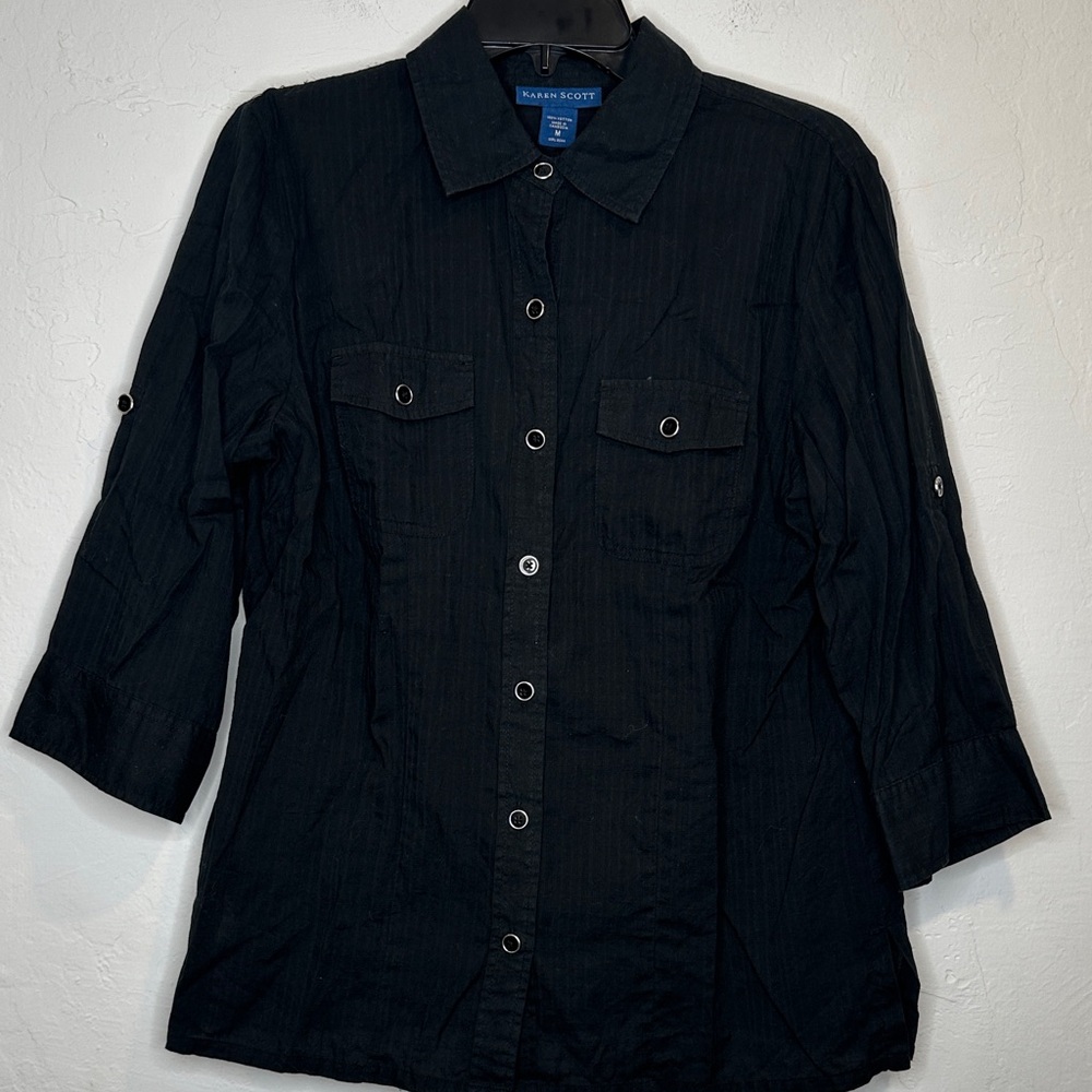 Karen Scott Black Button Down Shirt size medium 100% cotton